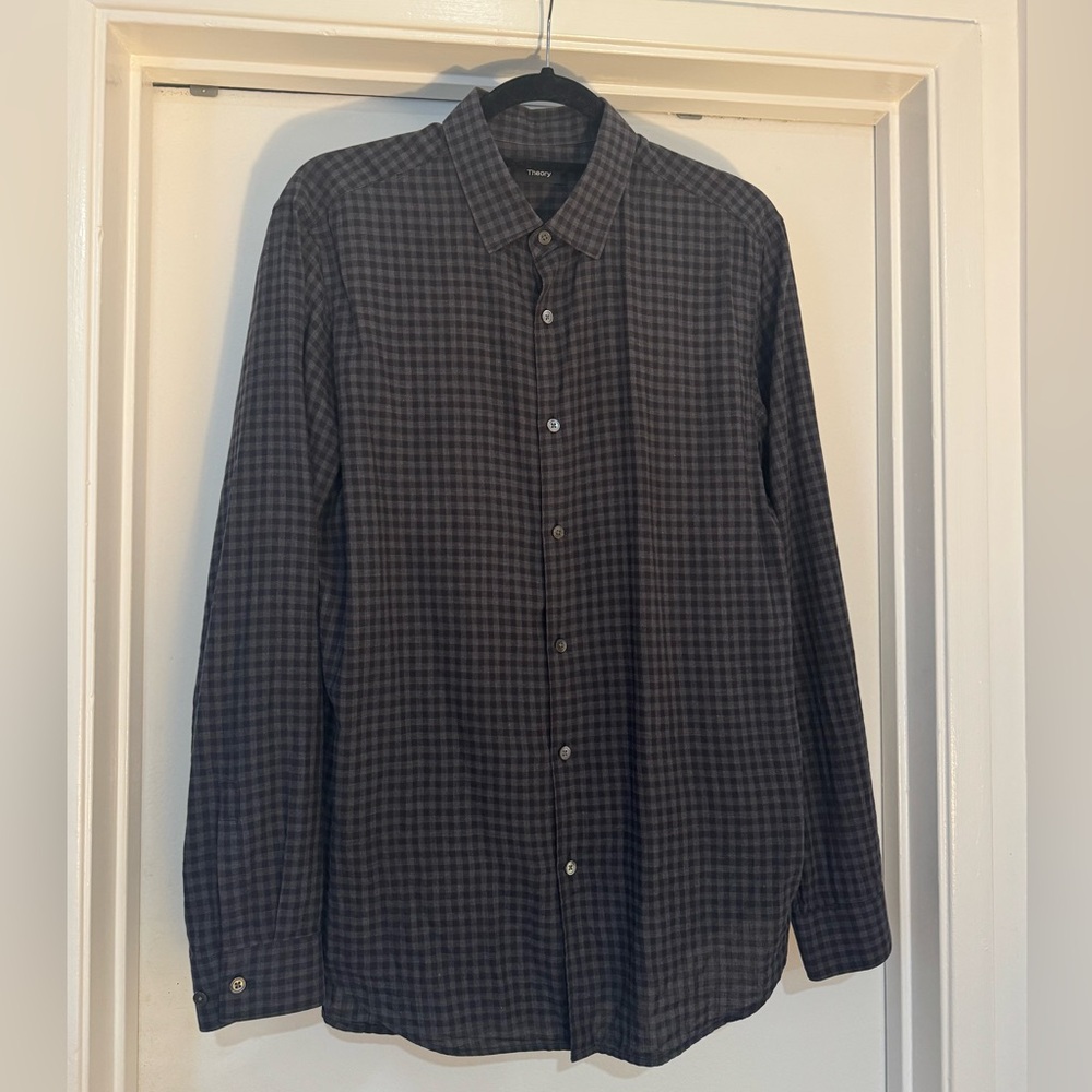 Theory Men's Dark Gray Checkered Shirt